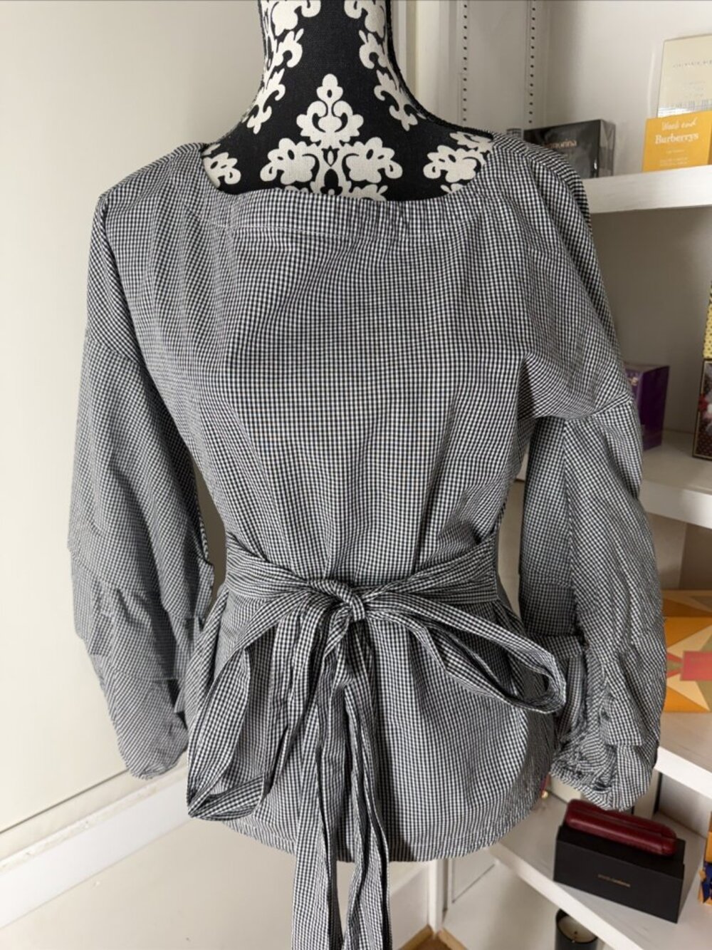 NWT Max Jeans Gingham Check Top women's XS Blouse Balloon Sleeve BLK/WHT RET $59
